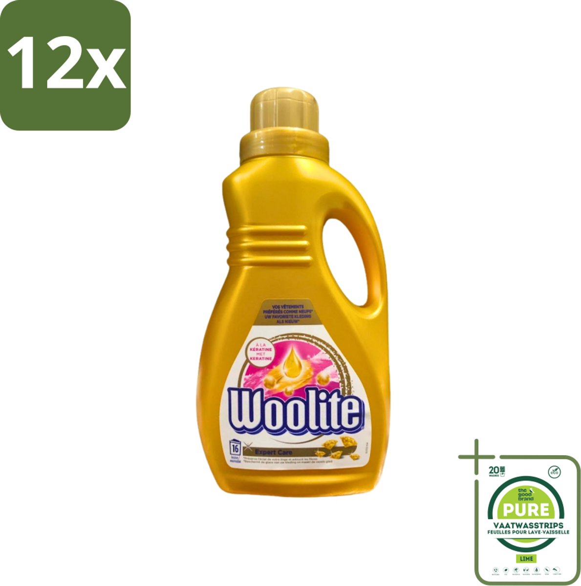 Woolite Expert Care - Vloeibaar Wasmiddel - Met Keratine - Delicate Was - 16 Wasbeurten - 1L - Voordeelverpakking - 12 stuks - Wasmiddel voor delicate kleding - Vloeibaar wasmiddel