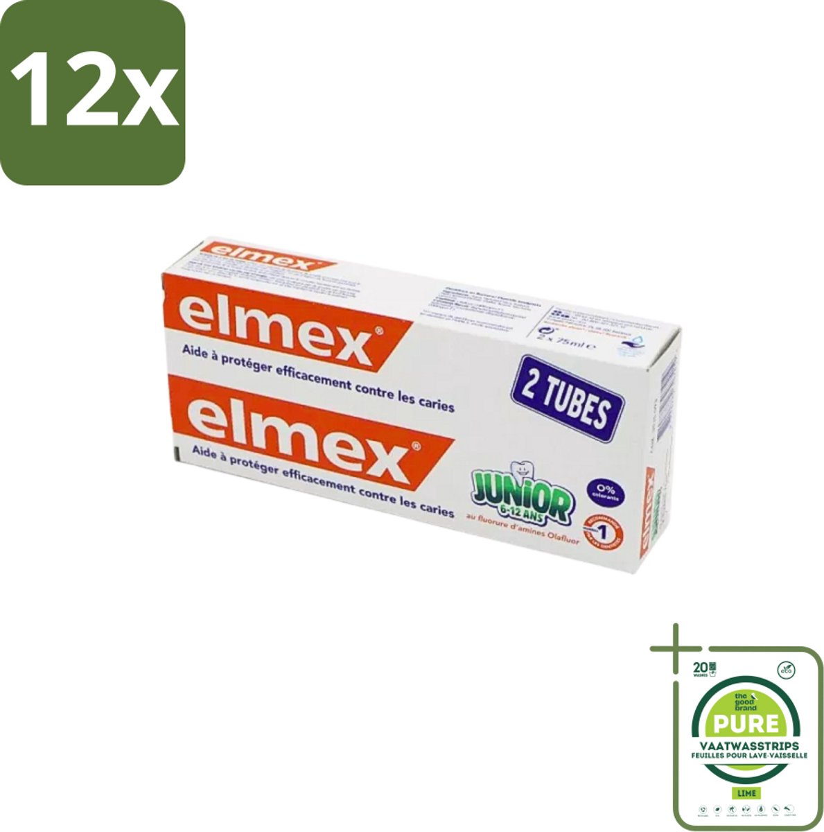 Elmex Junior Tandpasta - Bescherming & Versterking voor Blijvende Tanden - Set van 2 x 75ml - Voordeelverpakking - 12 stuks - Tandpasta voor kinderen - Kinder tandpasta