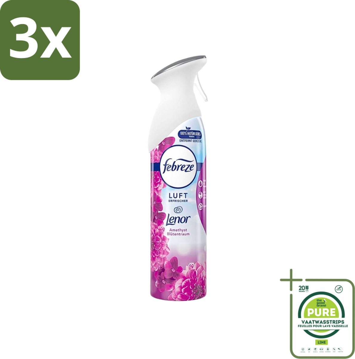3 x Febreze Amethist Luchtverfrisser Spray - Frisse Bloemen Geur - 300ml - Grootverpakking - Luchtverfrisser - Geurverwijderaar - Febreze - Amethyst - Frisse Geur