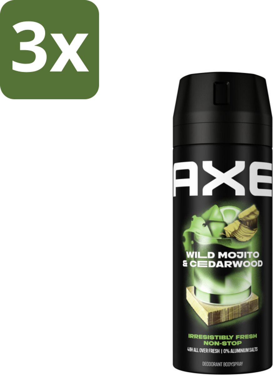 3 x Axe - Deodorant Bodyspray - 48hrs Fresh - Green Mojito & Cedarwood - 150 ml - 48 Uur Frisheid - Deodorant Spray - Geur Bestrijding - Frisse Geur - Cederhout