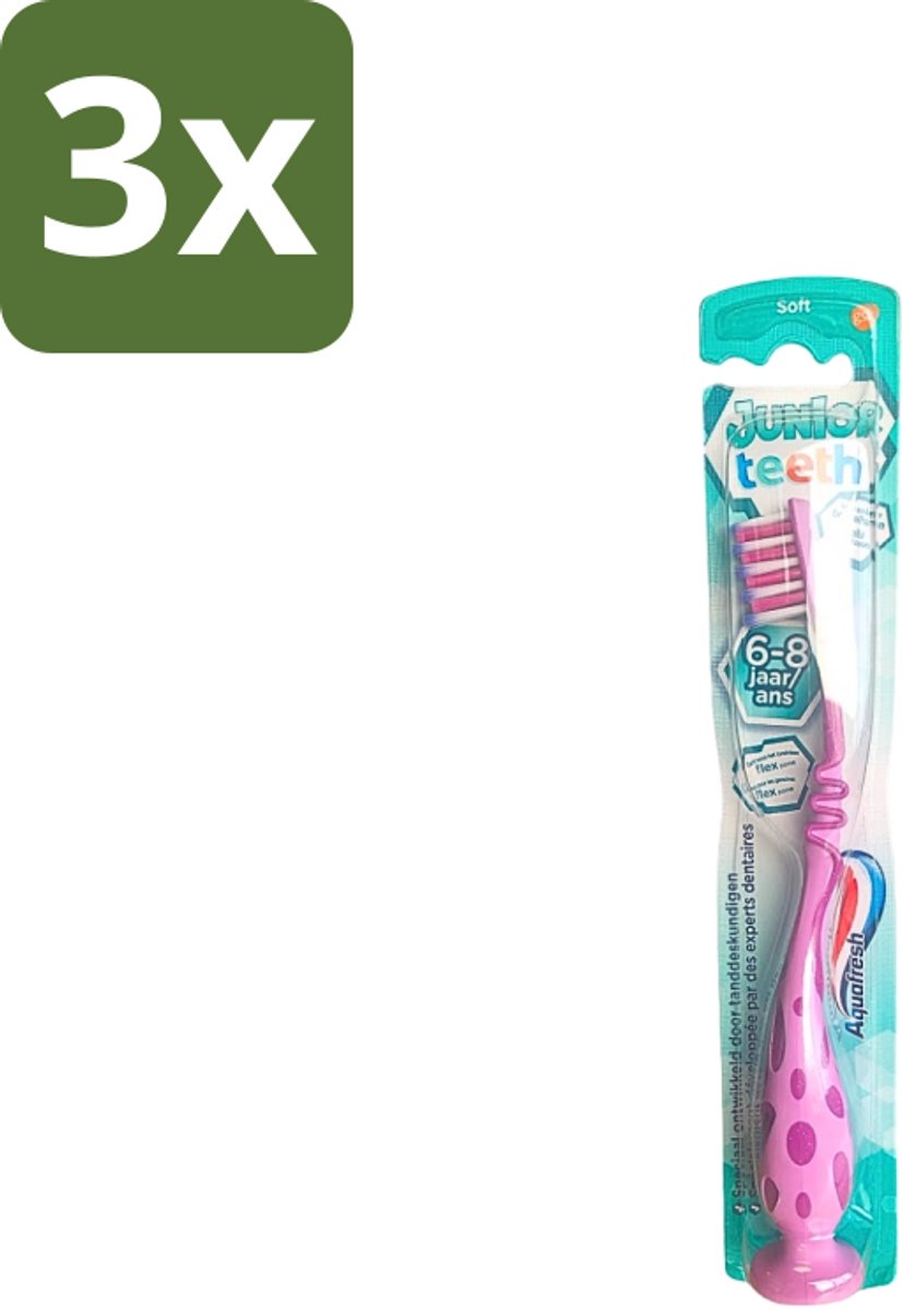 3 x Aquafresh - Junior Teeth Tandenborstel - 6-8 Jaar - Cool Ontwerp - 1 Stuk - Tandenborstel Voor Kinderen - Tandenpoetsen Voor Kinderen - Kindertandenborstel - Tandenborstel 6-8 Jaar - Tandenpoetsen Voor Jongeren