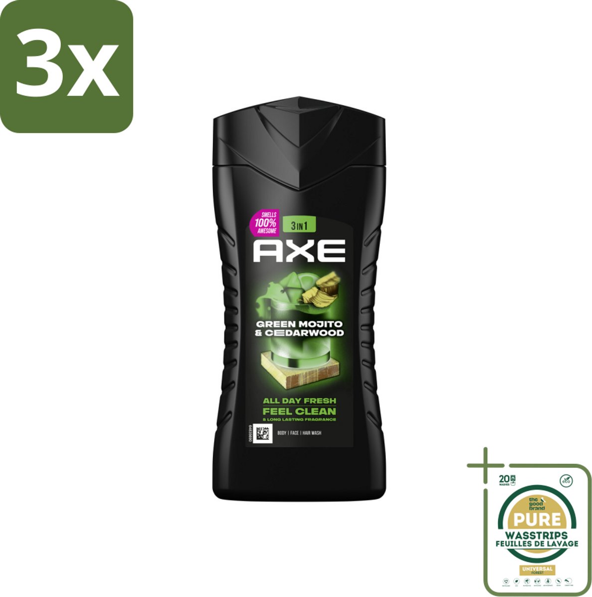 3 x Axe - 3-in-1 Douchegel - Wild Mojito & Cedarwood - 12hrs Long Lasting Scent - 250 ml - Grootverpakking - Douchegel - Geur - Frisheid - Lichaam - Gezicht