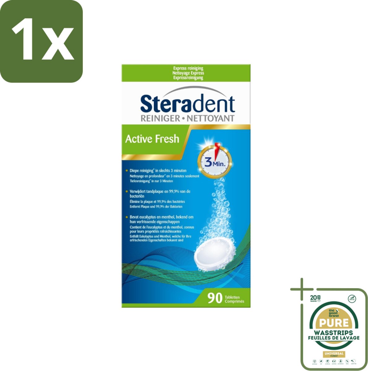 1 x Steradent - Kunstgebitreiniger - Active Fresh - Menthol En Eucalyptus - 90 Tabletten- Kunstgebit Reinigen - Kunstgebit Reiniging - Kunstgebit Reiniging Tabletten - Kunstgebit Frisheid - Kunstgebit Geur