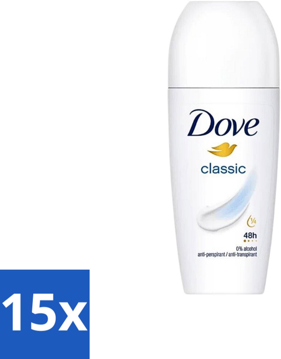15 x Dove Classic - Deodorant Roll-on - 50 ml - Bescherming Tegen Transpiratie - Okselbescherming - Deodorant - Hydraterende Okselcrème - Dagelijks Gebruik