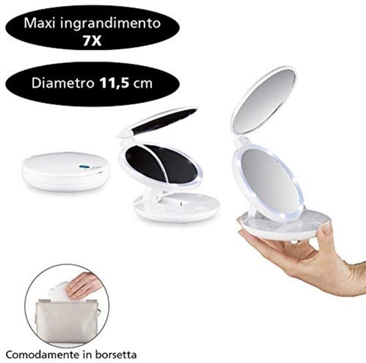 Opvouwbare mini-dubbele make-up spiegel met LED lampjes - 7x vergroting en normaal