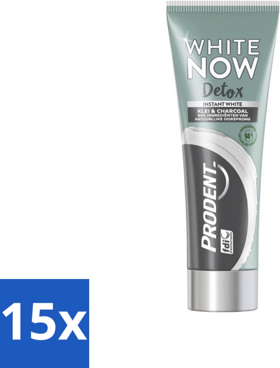 15 x Prodent - White Now - Tandpasta - Natuurlijke Ingrediënten - Klei En Houtskool - 75 ml - Tandpasta - Witte Tanden - Klei Tandpasta - Houtskool Tandpasta - Detox Tandpasta