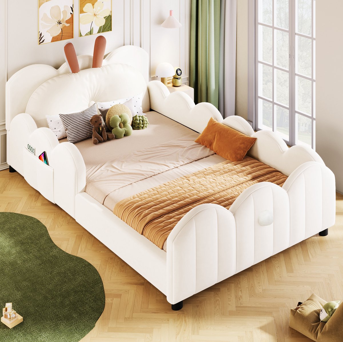 Wishdor Kinder platformbed 90x200 cm - Gevoerd hoofdeinde - Met uitvalbeveiliging en lattenbodem - Konijnenvorm - Slaapkamer kinderkamer - Mdf hout stof - Beige