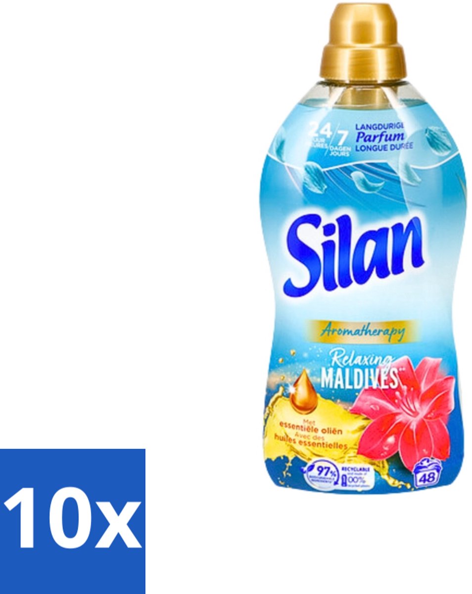 10 x Silan Aromatherapy - Wasverzachter - Relaxing Maldives - Essentiële Oliën en Langdurige Parfum - 48 Wasbeurten - 1.056L - Wasverzachter - Tropische Geur - Essentiële Oliën - Kleding Zachtheid - Wasgoed Frisheid