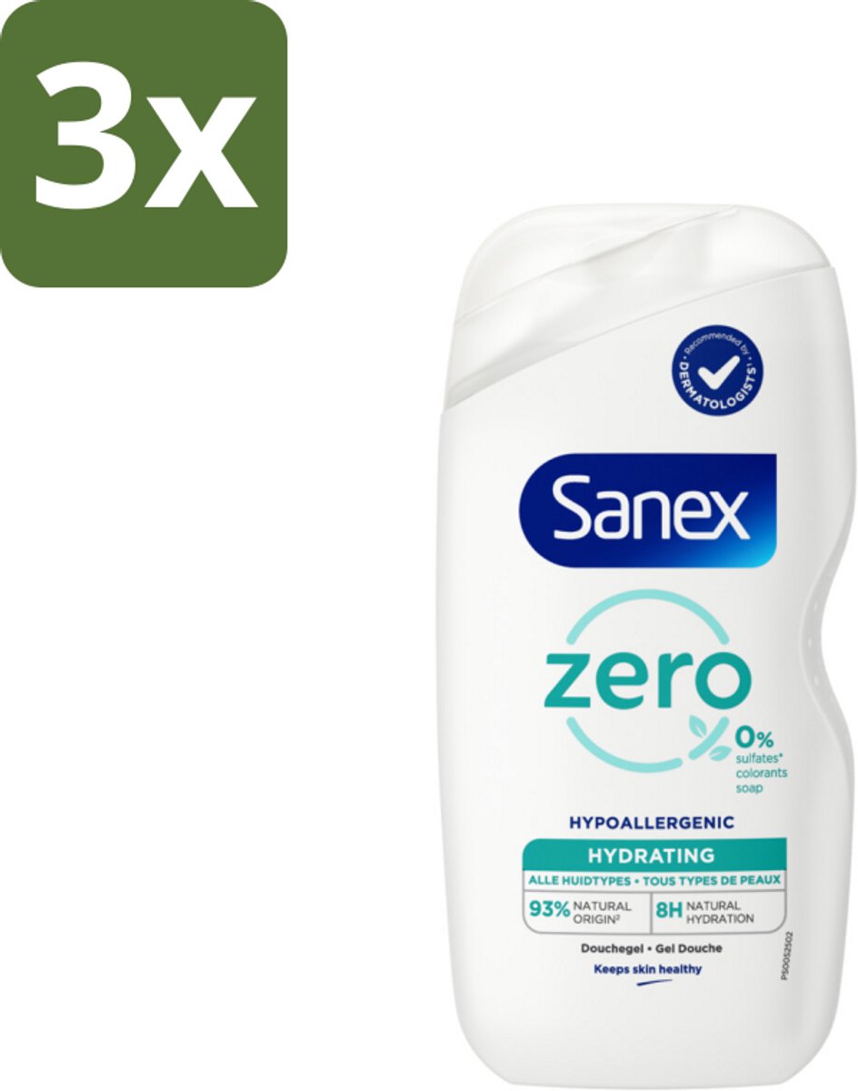 3 x Sanex Zero % - Douchegel - Hydrateert - Alle Huidtypes - 400 ml - Douchegel - Huidverzorging - Hydraatende Douchegel - 0% Sulfaten - 0% Kleurstoffen