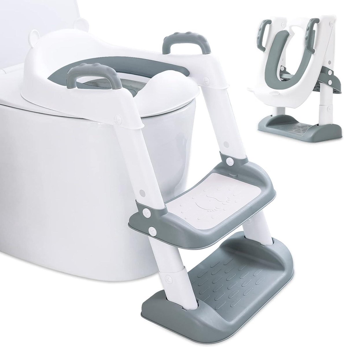 Kinder Toiletbril - Potty Trainer - Zelfstandig Zindelijk - Verstelbare Ladder - Tot 75 kg - Wit Grijs