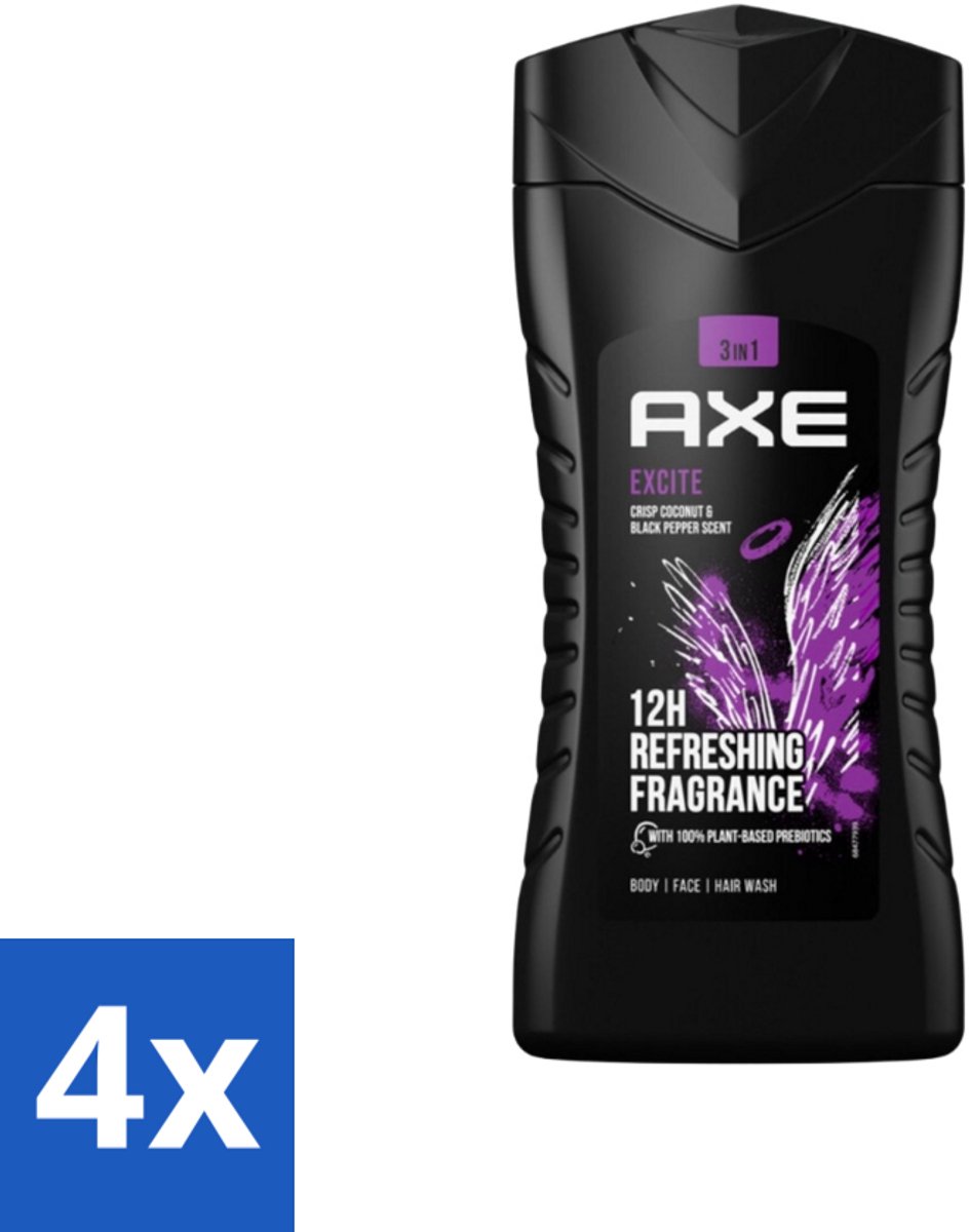 Axe - 3-in-1 Douchegel - Excite - Douchegel - Crisp Coconut & Black pepper - 100% Plantaardig - 250 ml - Voordeelverpakking - 4 stuks