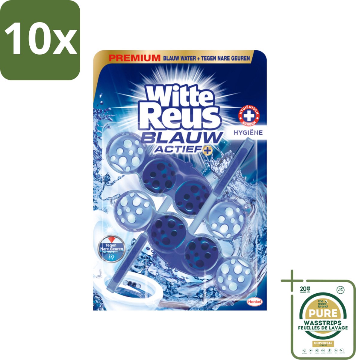 10 x Witte Reus Toiletblok Blauw Actief Hygiëne 2 stuks per verpakking - Grootverpakking - Toiletblok - Hygiëne - Blauw Water - Reiniging - Kalkaanslag