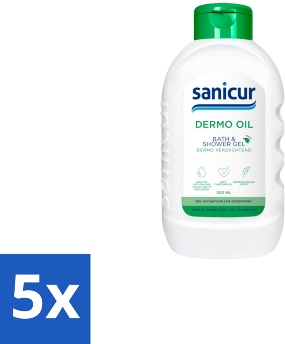 5 x Sanicur Bath & Showergel Dermo-Oil 300 ml - Droge Huid - Gevoelige Huid - Voedende Badgels - Douchegel - Huidbarrière