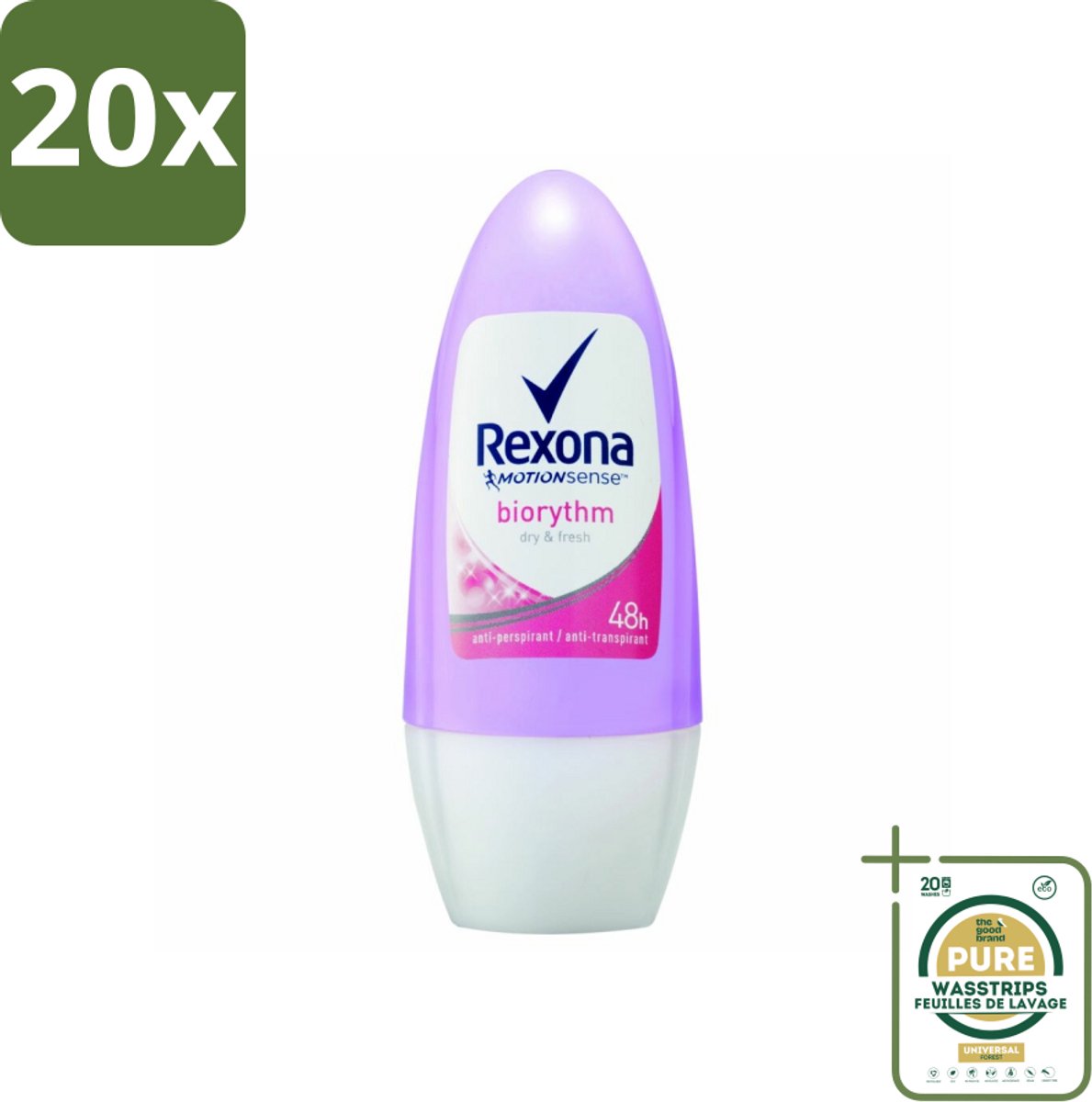 20 x Rexona - Biorythm - Deo Roll-on - Anti-transpirant - Anti-perspirant - 50 ml - Grootverpakking - Anti-transpirant - Anti-perspirant - Zweetbehandeling - Geurbehandeling - Biologisch Ritme