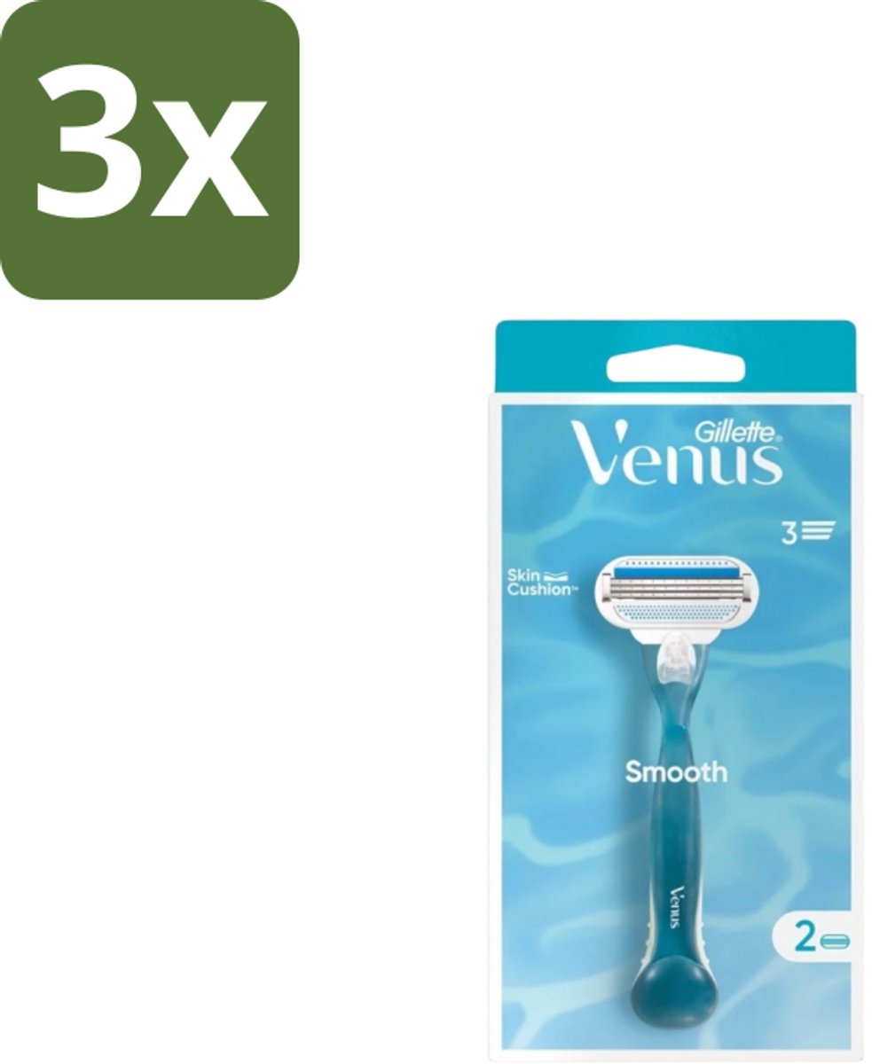 3 x Gillette - Venus Smooth – Rondingvolgende Mesjes – Handvat + 2 Navulmesjes - Scheermesjes Vrouw - Huidbescherming - Scheren - Venus Smooth - SkinCushion