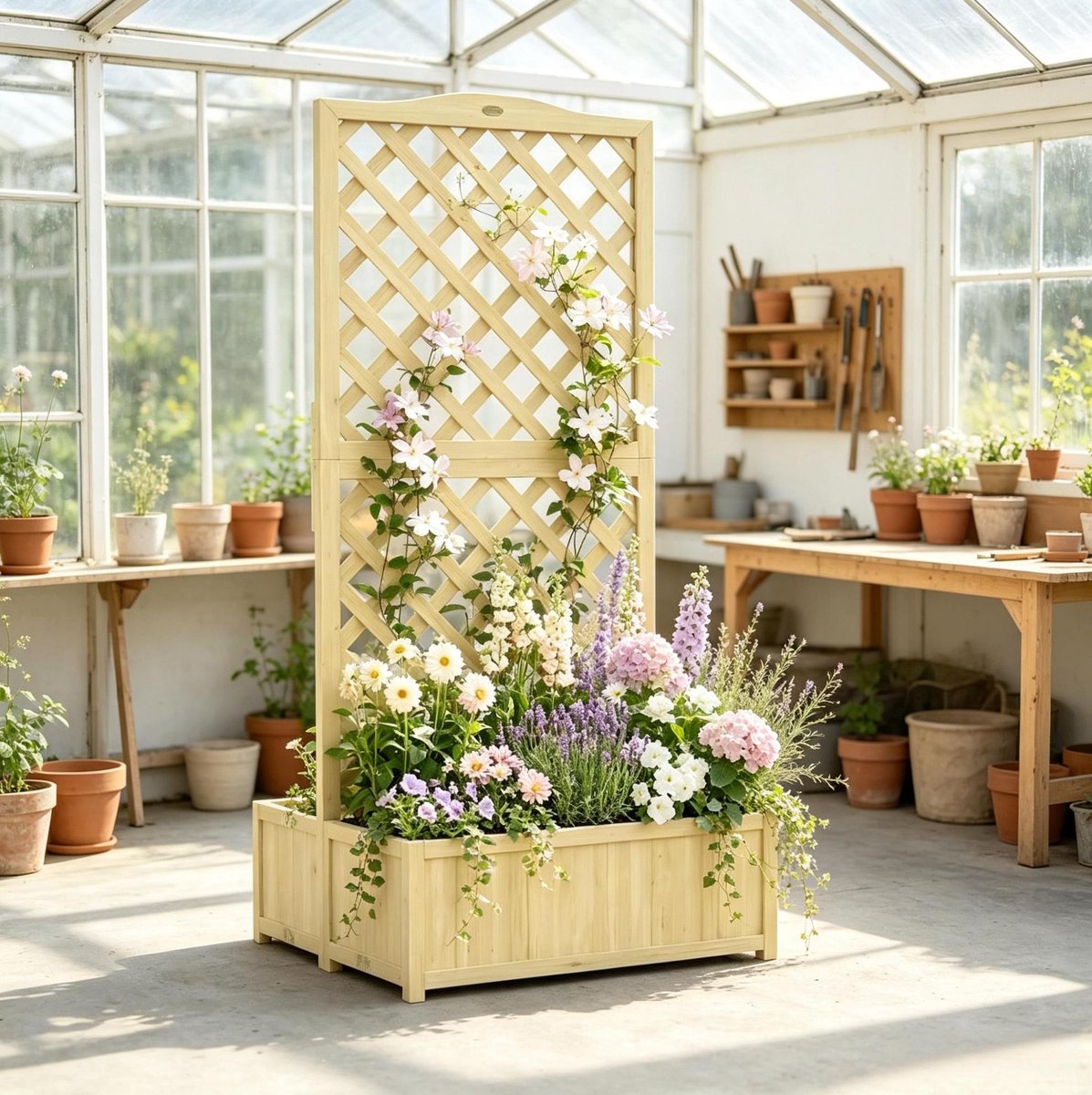 OKWISH Plantenbak Met Klimrek - Dubbele Opvouwbare Verticale Tuin - Voor Klimplanten In Tuin En Terras - Hout - Naturel
