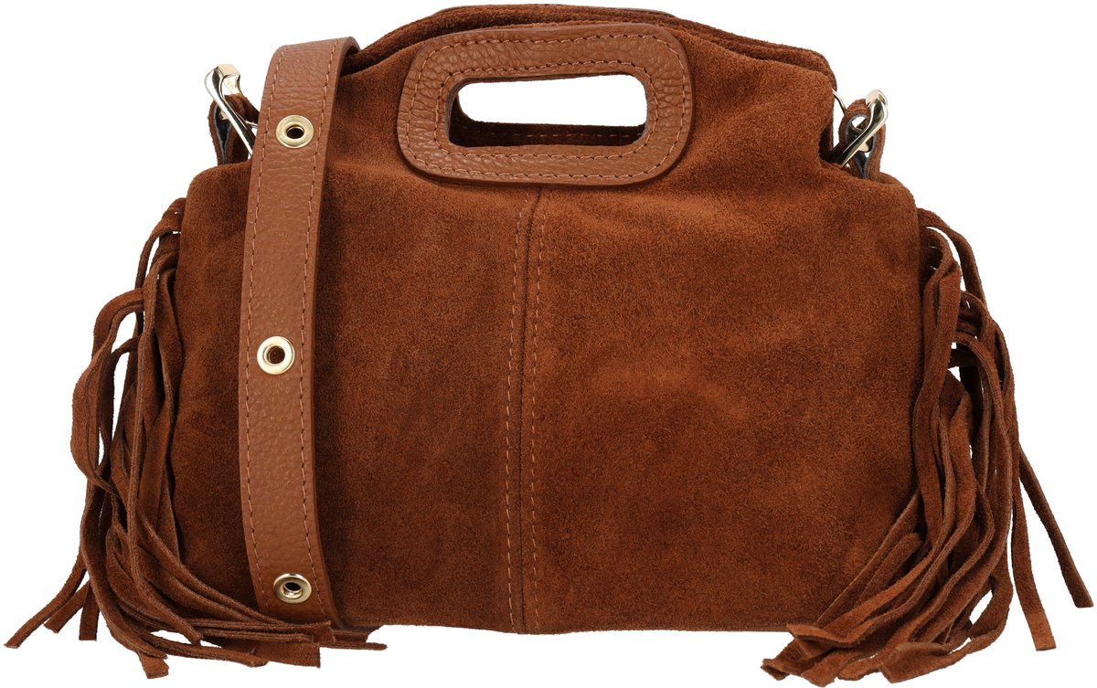 Charm London Vittoria Handtas - Suède Leer - Schoudertas - Crossbodytas - Afneembare Schouderband - Franjes - Leren Dames Tas - Cognac
