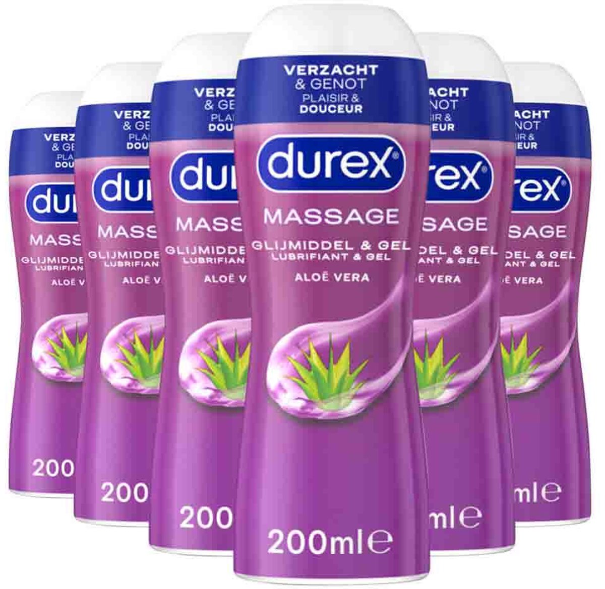 Durex - 2-In-1 Massageolie en Glijmiddel Aloë Vera - 6 x 200 ml - Voordeelverpakking