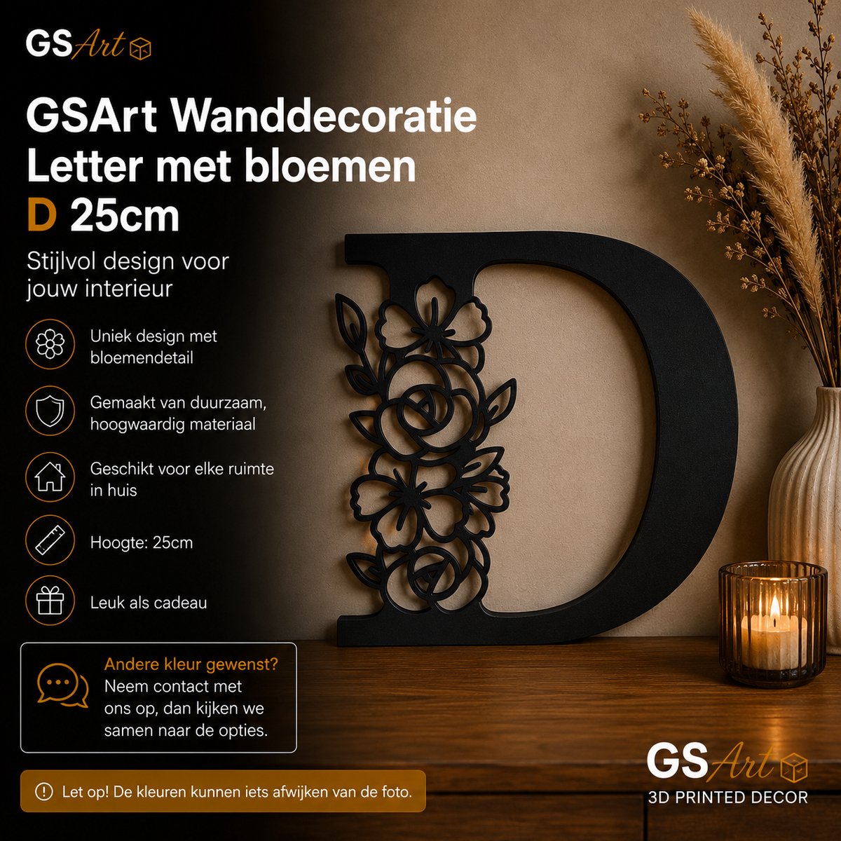 GSArt Wanddecoratie Letter met Bloemen – 25 cm - D