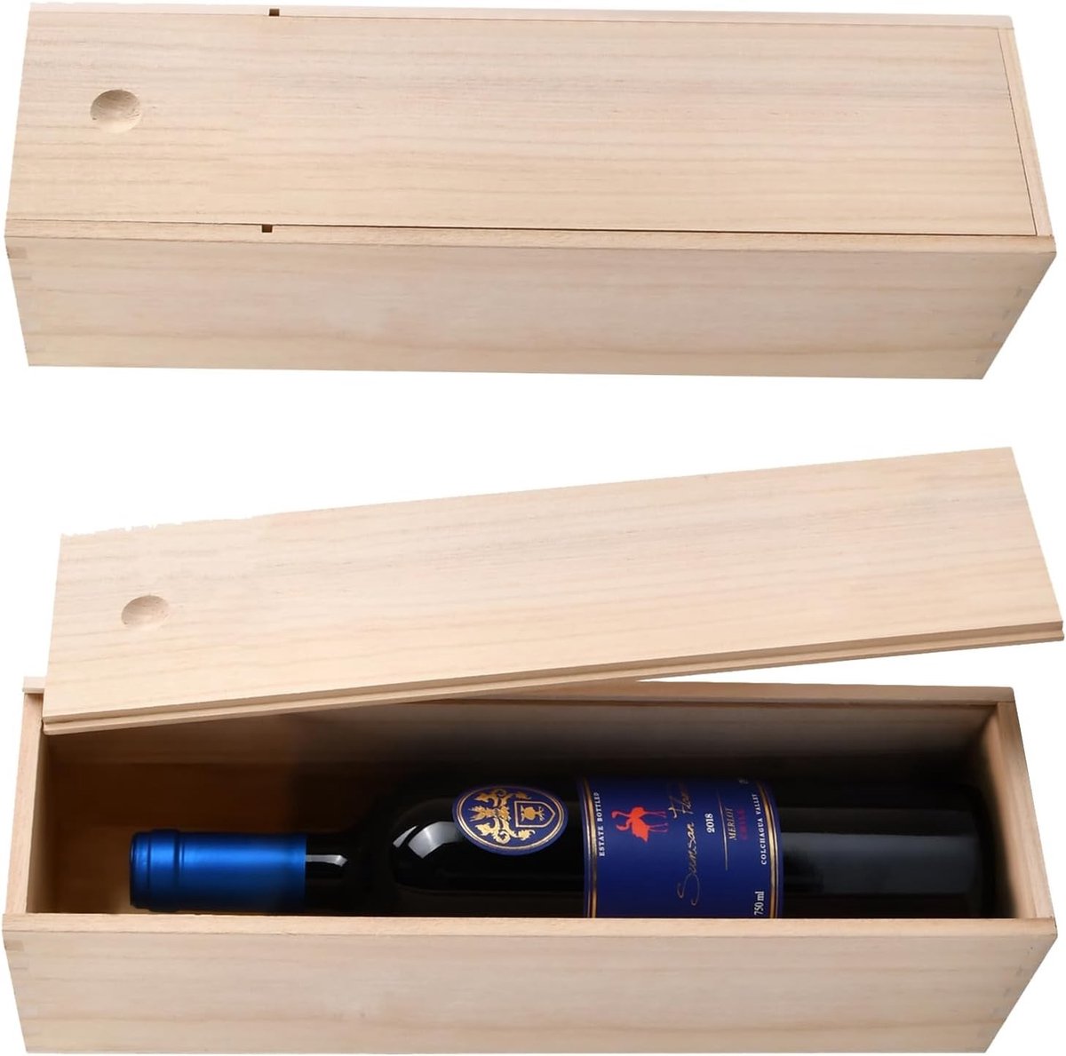 Houten Wijnkist - Naturel - 35 x 10 x 10 cm - Geschenkdoos met Schuifdeksel - Voor Wijn en Dranken