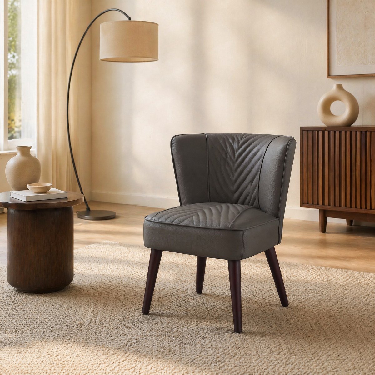 Wishdor Fauteuil - Zonder armleuningen - Diagonaal gestikt leer - Houten onderstel - Klassieke stijl - Voor woonkamer of kantoor - Grijs - 56 x 62 x 72 cm
