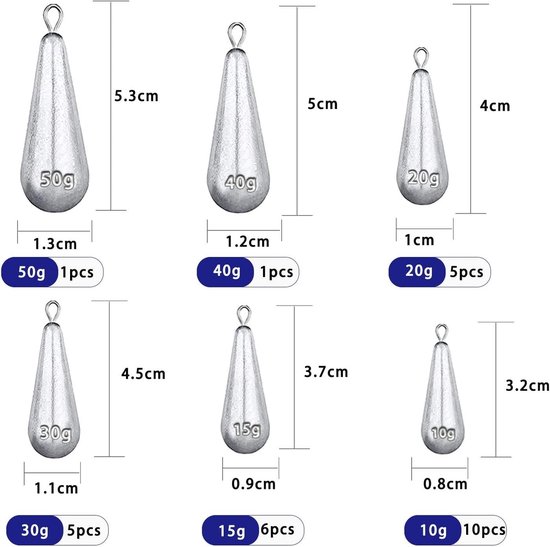 Complete Set van 28 Stuks Vissersgewichten - Herbruikbare Lood Gewichten voor Zout- en Zoetwater, Diverse Rotatiesinkers van 10g tot 50g voor Effectief Vissen — afbeelding 5