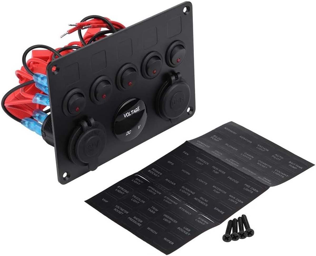 5-Weg Aan/Uit Schakelaar Paneel met Dubbele USB Voltmeter voor Auto, Boot en Truck, Universeel 12-24V, Ideaal voor Marine en Duiken