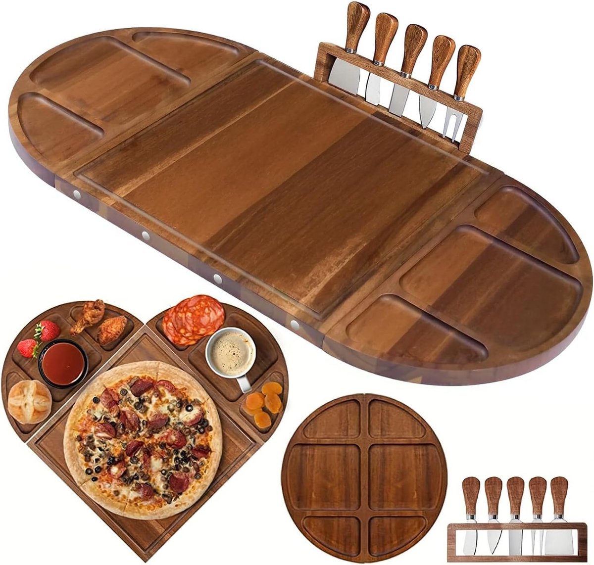 Grote Acacia Houten Borrelplank Set met 5 Kaasmesjes en 3 Magnetische Tray - Ideaal voor Bruiloften, Huishoudbeurzen en Feestelijke Gelegenheden