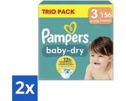 2 x Pampers – Luiers – Baby-Dry Trio Pack Maat 3 (6-10 kg) – 156 Luiers - Baby Luiers - Droge Luiers - Anti-lek Luiers - Baby Droogheid - Nachtluier