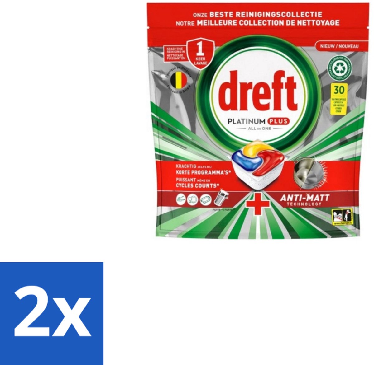 2 x Dreft – Vaatwastabletten – Platinum Plus All-in-One – Original – 30 Tabletten - Vaatwastabletten - Anti-dofheid - Glasbescherming - Machinezorg - Vaatwasser