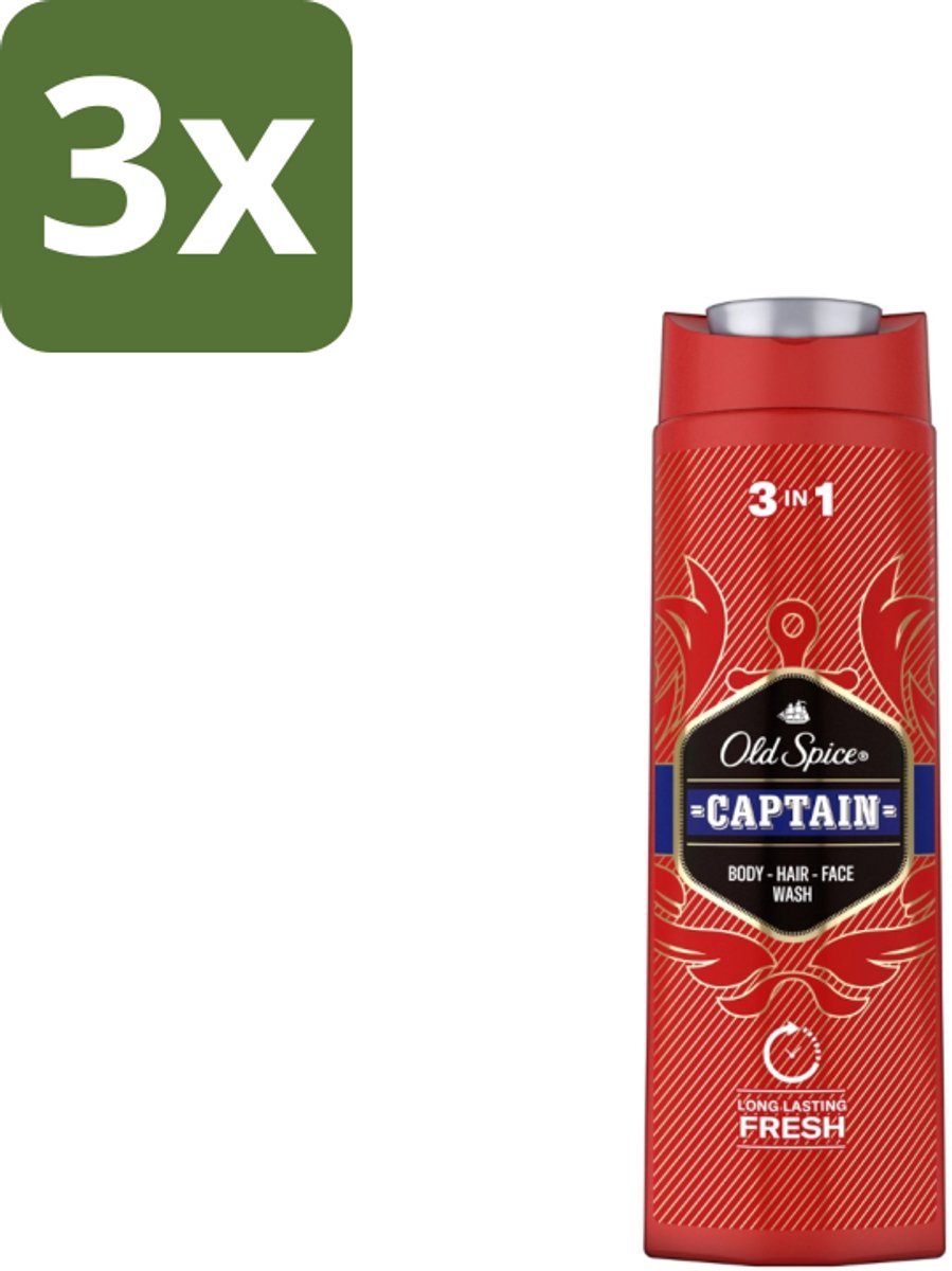 3 x Old Spice – Douchegel – Captain – 400 ml - Douchegel Voor Mannen - Gezichtsreiniging - Haarreiniging - Lichaamreiniging - Fris Geur
