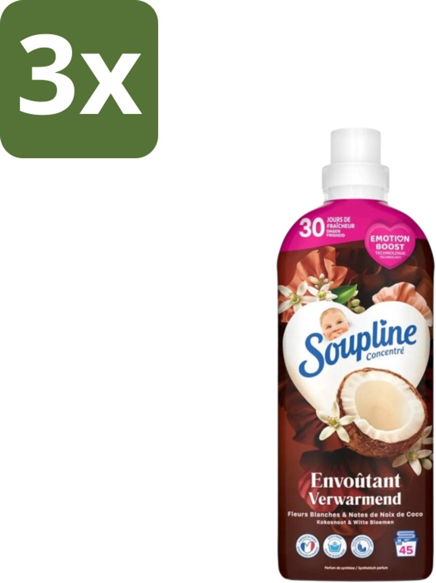 3 x Soupline – Wasverzachter – Verwarmende Kokosnoot & Witte Bloemen – 950 ml - Wasverzachter - Kokosnoot - Witte Bloemen - Warme Geur - Wasgoed