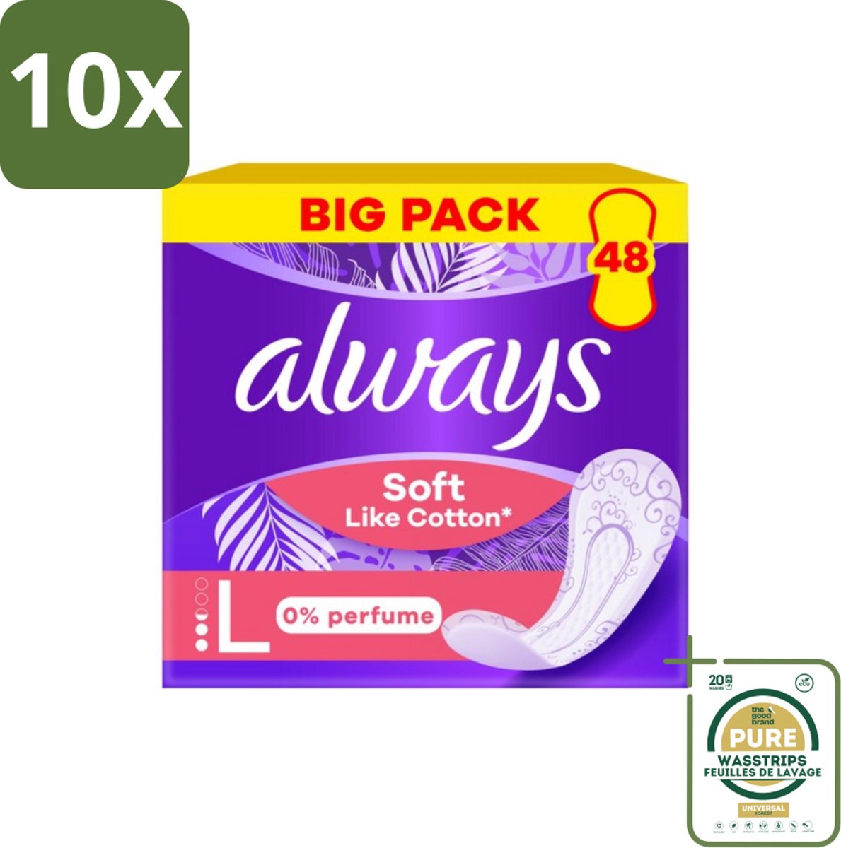 10 x Always – Inlegkruisjes – Soft Like Cotton Long 0% Parfum – 48 Inlegkruisjes - Grootverpakking - Inlegkruisjes - Always Soft Like Cotton - 0% Parfum - Katoenzacht - Vrouwelijke Hygiëne