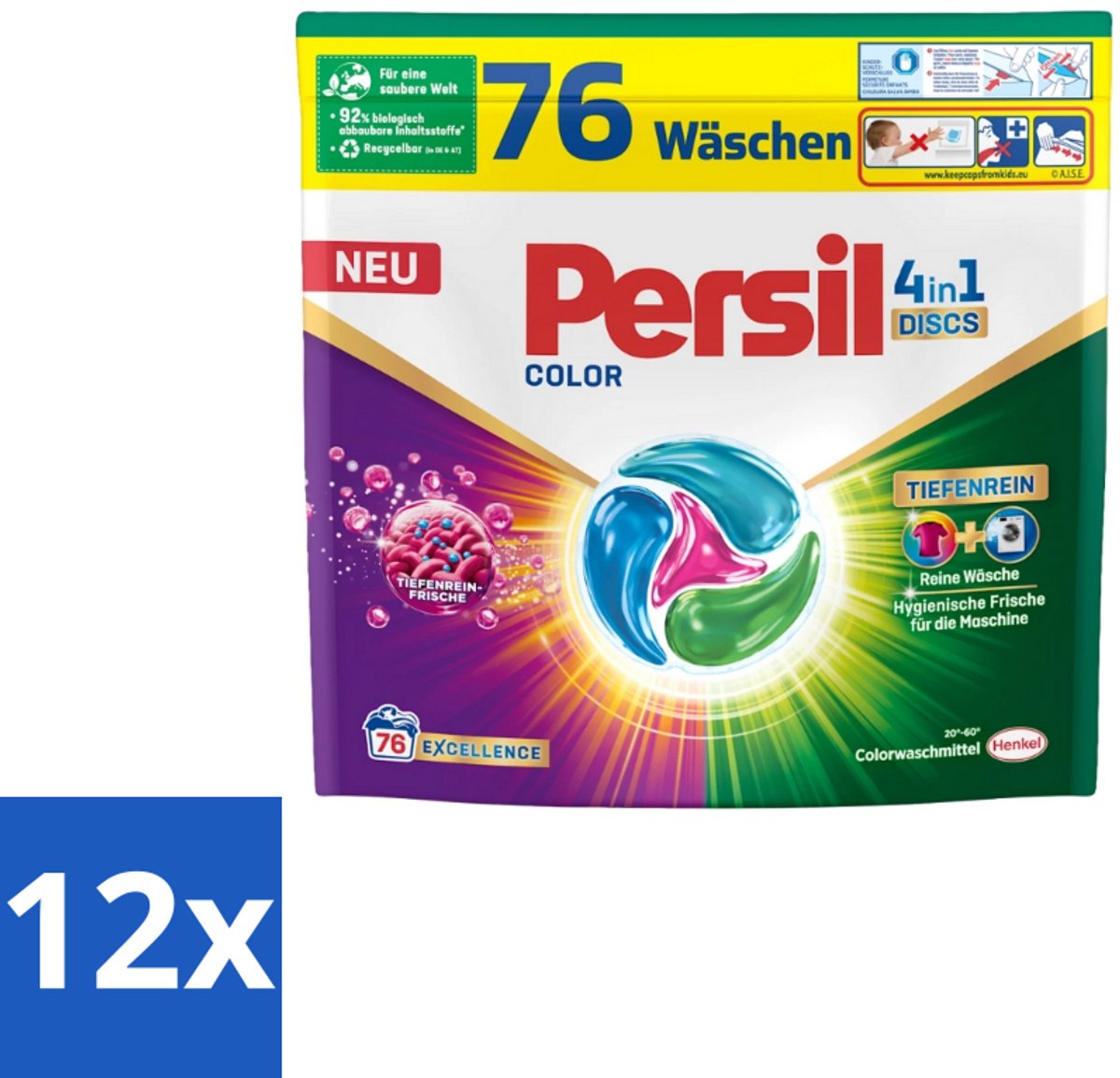 Persil – Wasmiddel Discs 4-in-1 – Color - 76 Capsules - Voordeelverpakking - 12 stuks