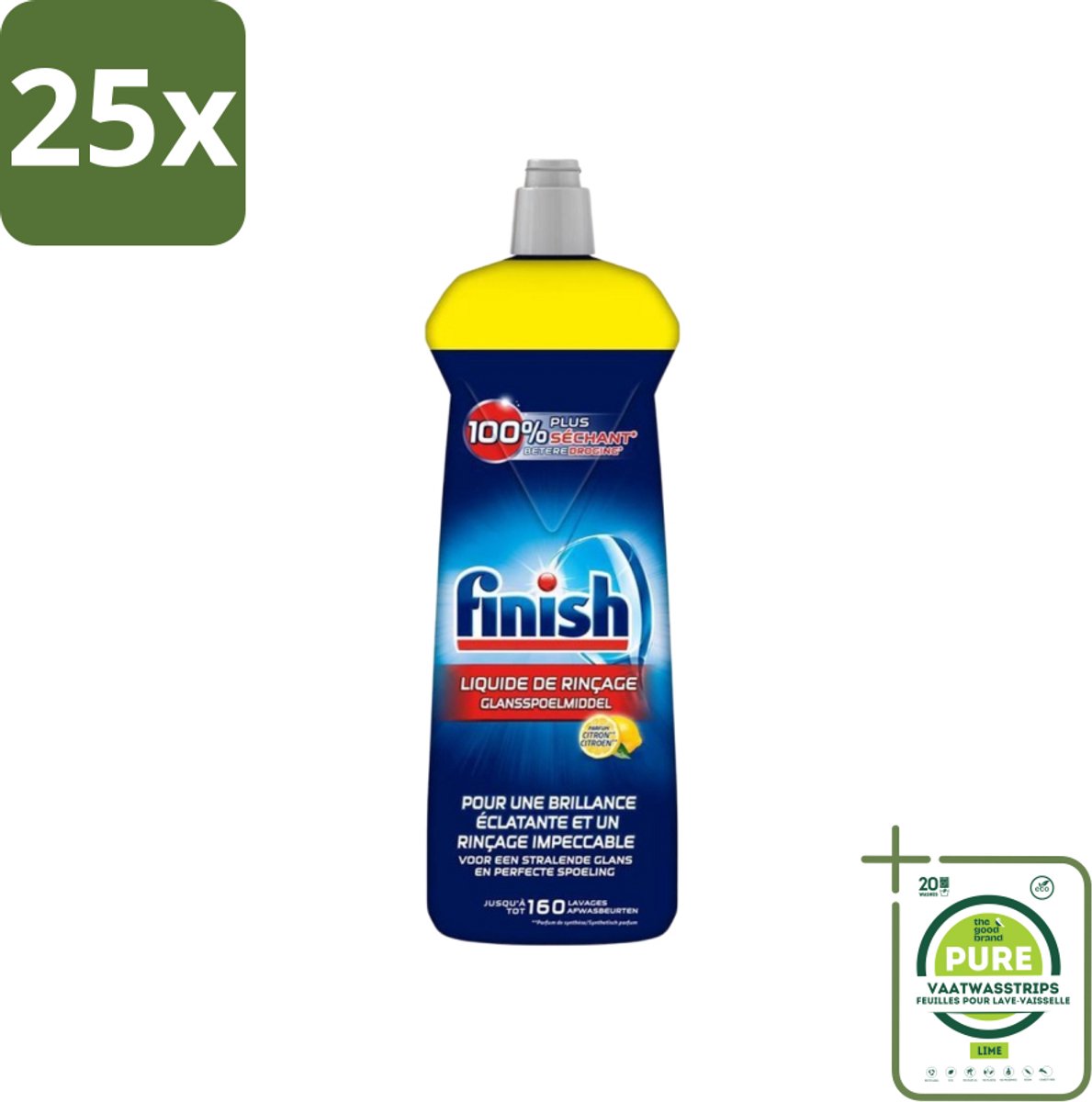 25 x Finish - Glansspoelmiddel - Citroen - Stralende glans - Tot 160 Afwasbeurten - 800 ml - Grootverpakking - Glansmiddel - Vaatwasser - Citroen - Glanzende Vaat - Snel Drogen
