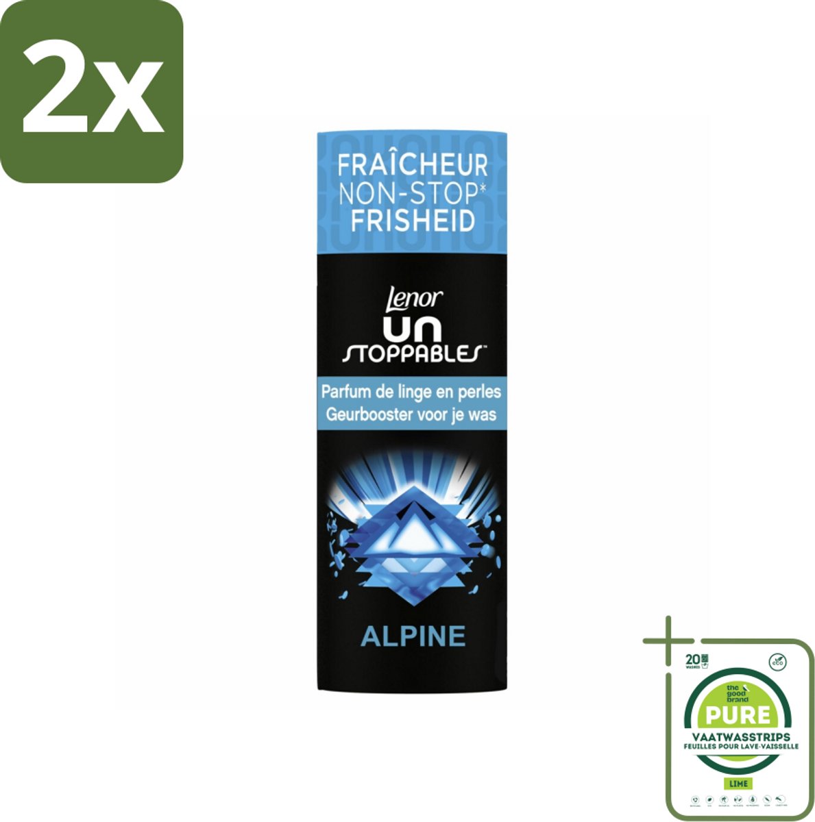 Lenor Unstoppables – Geurbooster – Alpine – 19 Wasbeurten – 235 g - Voordeelverpakking - 2 stuks - Geurbooster wasgoed - Frisheid wasgoed