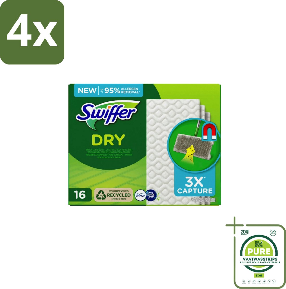 Swiffer – Vloerdoekjes – Dry Navullingen – 16 doekjes - Voordeelverpakking - 4 stuks - Vloerreiniger - Droge doekjes