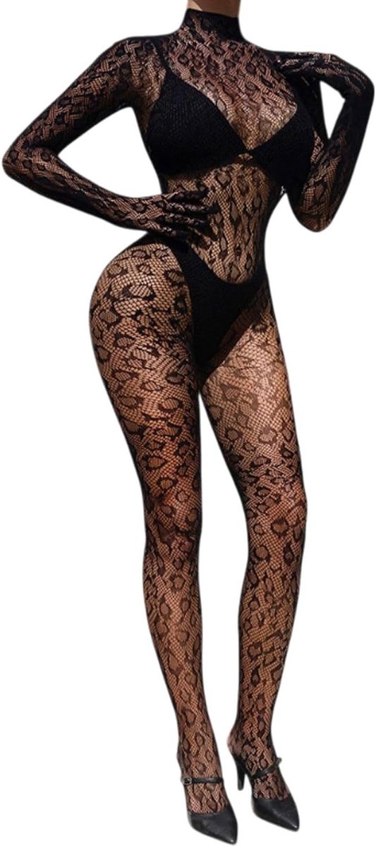 Dames bodystocking in sexy luipaardprint, eendelig en transparant, perfect voor ondergoed en pyjama's