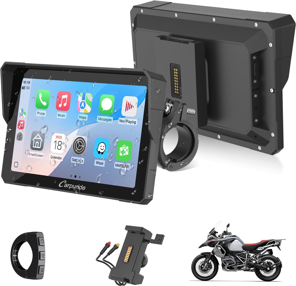 Motor Navigatiescherm 7 Inch – Draadloos CarPlay & Android Auto – IP67 Waterdicht – Dual Bluetooth – Intercom