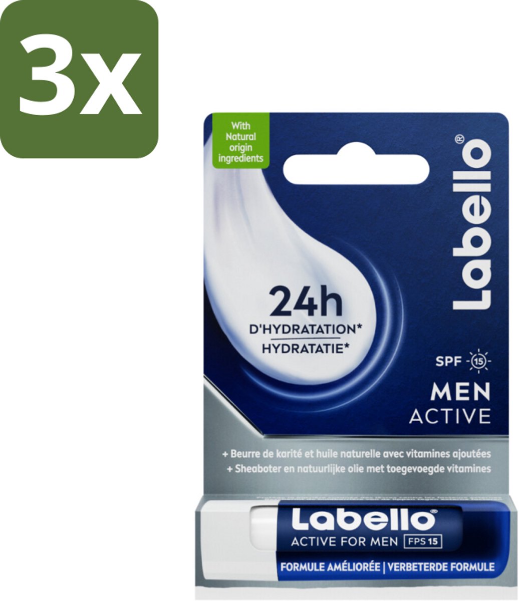 Labello – Lippenbalsem – Active For Men – SPF 15 – 4,8 g - Bulkverpakking - 3 stuks