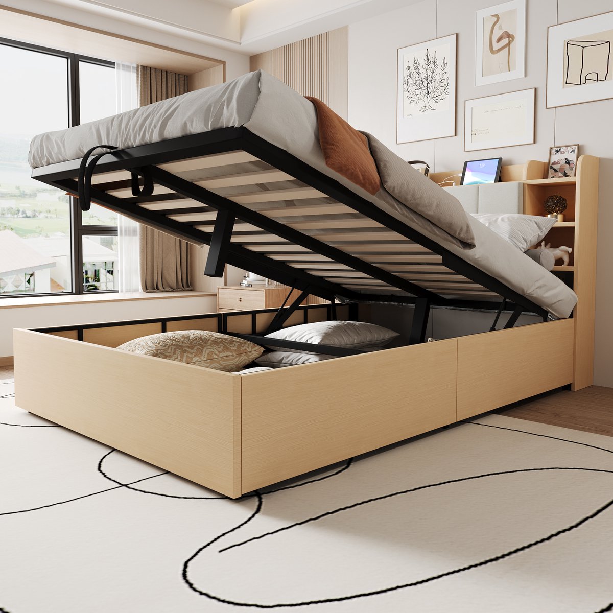 Houten tweepersoonsbed 140x200 cm - hydraulische opbergruimte en USB/Type-C - houtkleur - hoofdbord met opbergvakken en verborgen compartiment - ruime opbergbak onder het bed