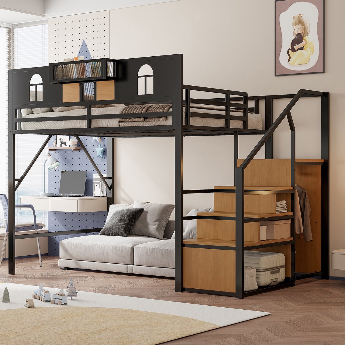 Metalen hoogslaper met opbergtrap en uniek raamdesign - 140x200 cm - Zwart - Verhoogd veiligheidsrek met raam en netpaneel - Geïntegreerd opbergvak aan het bed - Stabiele opbergtrap