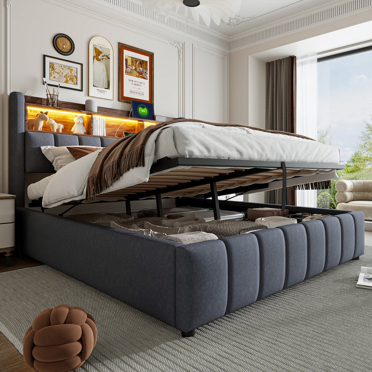 Gestoffeerd bed 180x200 cm - Met hydraulische opbergruimte, LED-sfeerverlichting en USB-C oplaadfunctie - Grijs - Opbergvakken in hoofdeinde - Ademende linnen bekleding - 36-delige lattenbodem