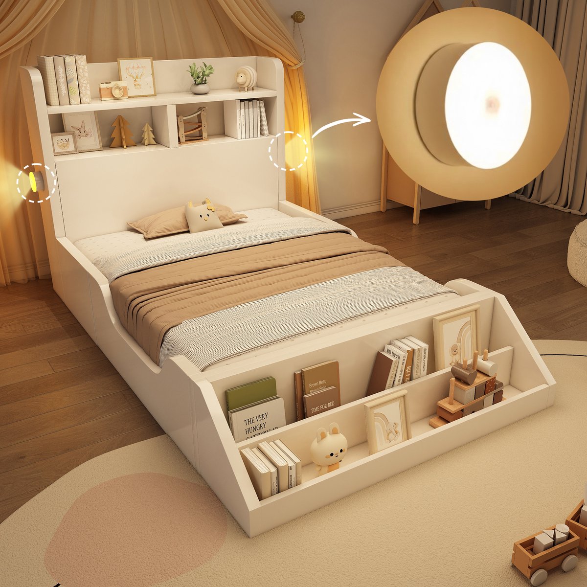Houten eenpersoonsbed met nachtlampjes, opbergvlakken en afneembaar boekenrek - 90x200 cm - Wit - Magnetische nachtverlichting - Gebogen zij-uitsparing - Inclusief lattenbodem
