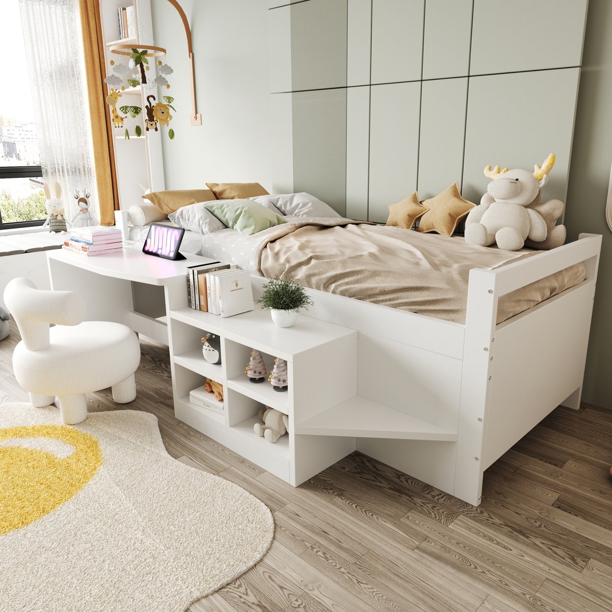 Multifunctioneel kinderbed 90x200 cm - 3-in-1 met bureau, 2 USB/Type-C stopcontacten en opbergkasten - eenpersoons - wit - massief grenen frame - opstap voor gemakkelijke toegang - lattenbodem inbegrepen