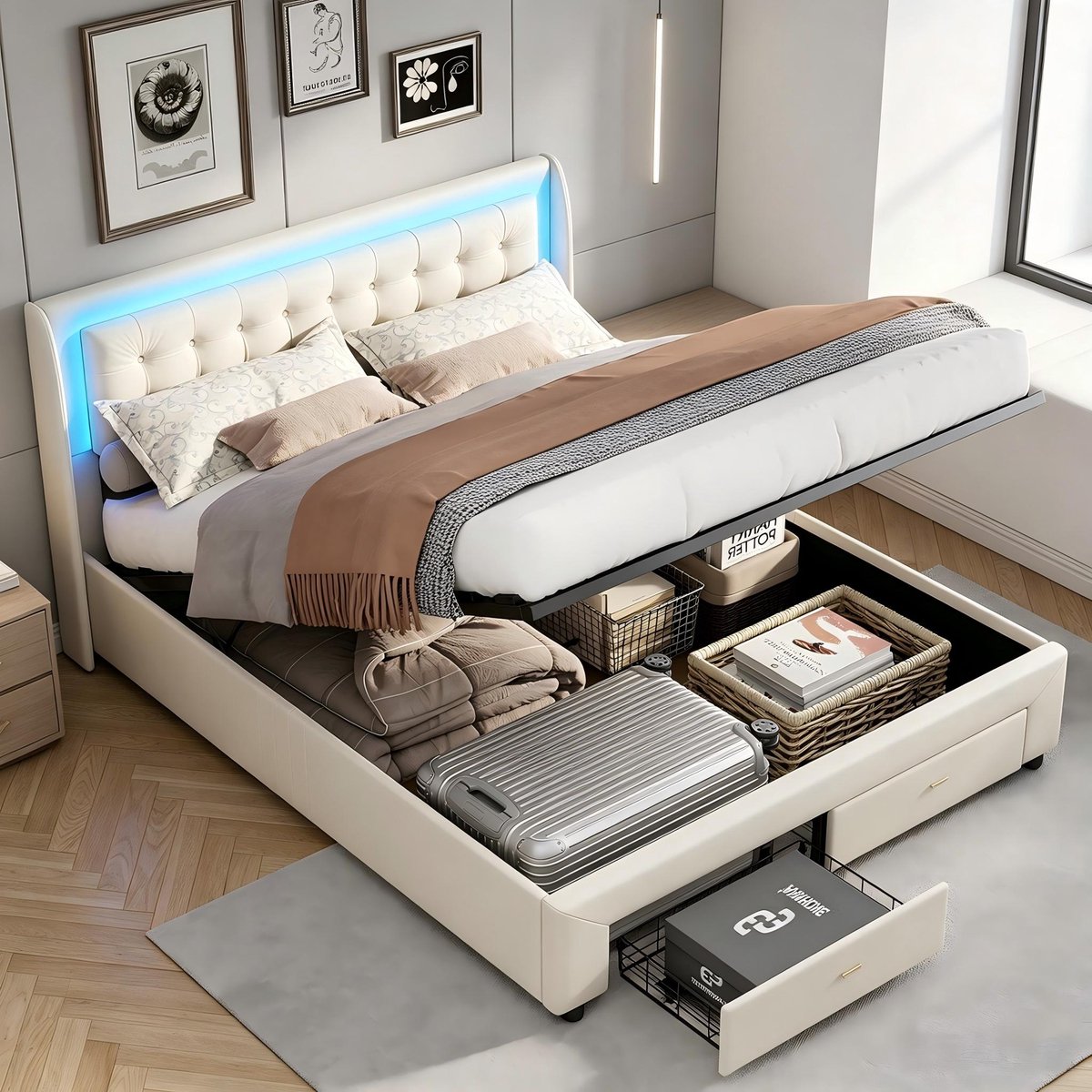 Gestoffeerd Bed 180x200 cm - Tweepersoonsbed Opbergbed met LED-verlichting - Hydraulische Opbergruimte - 2 lades, Beige Flueel, Geschikt voor Volwassenen en Jongeren (Zonder Matras)