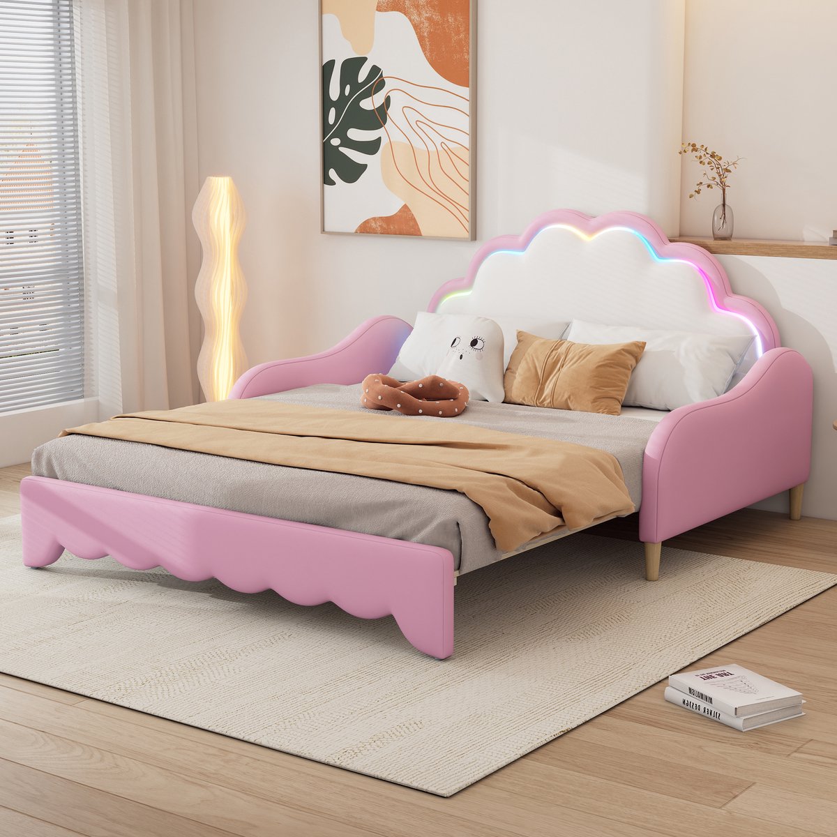 Slaapbank omvormbaar tot ligvlak - 140x200 cm tweepersoons - roze - LED-looplicht hoofdeinde - PU-kunstleer bekleding - stevig MDF frame