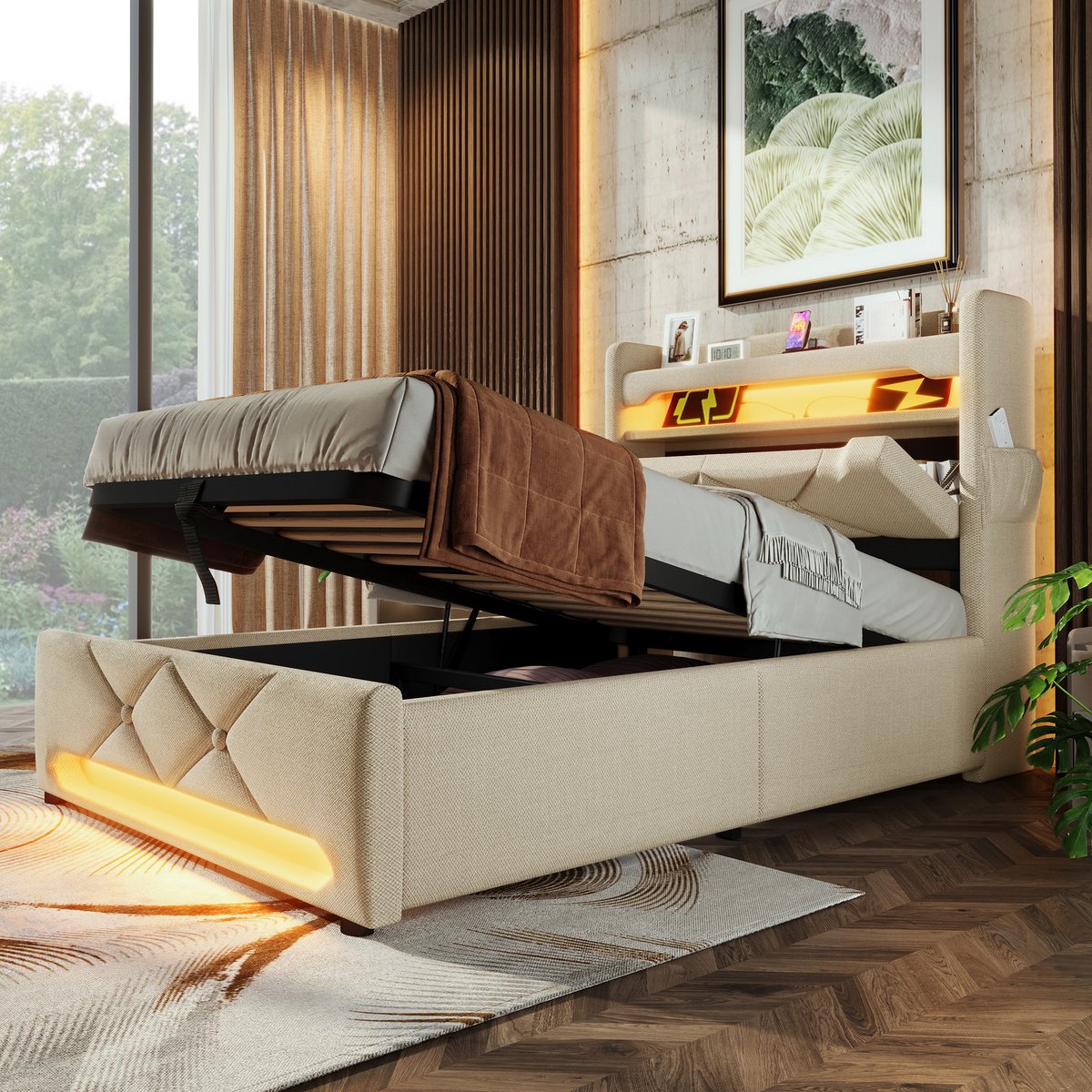 Gestoffeerd opbergbed - 360° Surround LED en USB-C snelladen - 90x200 cm - 1 persoon - Beige - Hydraulische opbergruimte - Opbergvakken in hoofdeinde