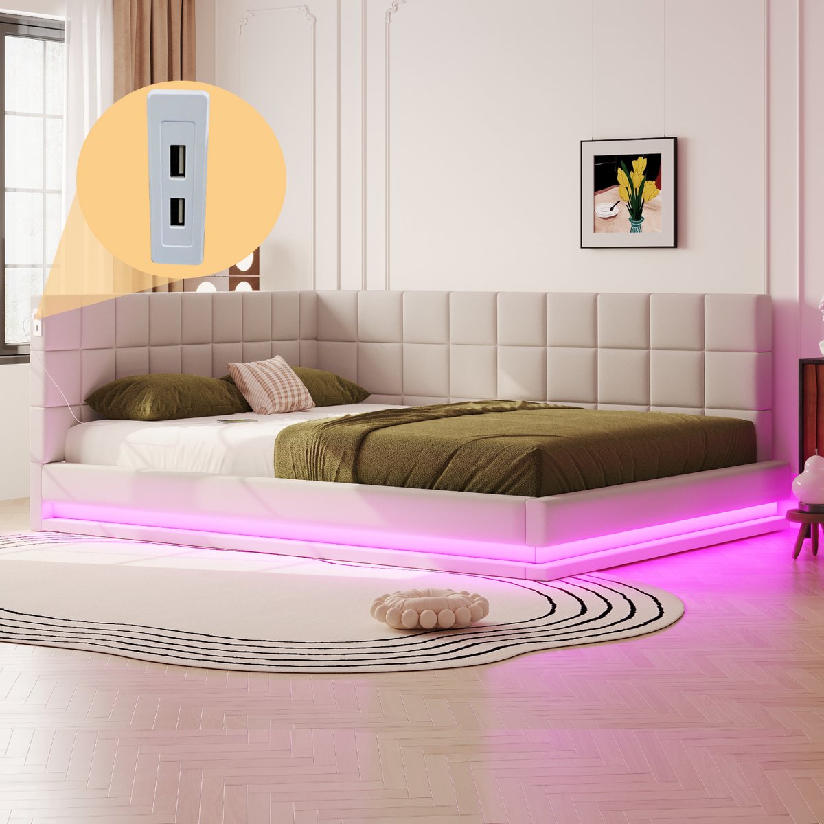 Gestoffeerde slaapbank - 2-in-1 bank en bed - 160x200 cm tweepersoons - beige linnen - LED-verlichting met muziekmodus - USB-oplaadpoort - lattenbodem inbegrepen