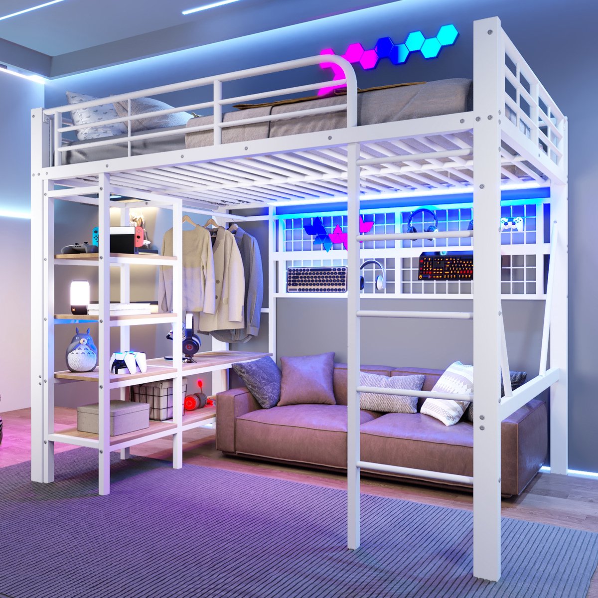 Hoogslaper met LED-verlichting, kledingrek en opbergnet - 140x200 cm tweepersoons - Wit - App-bestuurbare sfeerverlichting - Open ruimte onder het bed - Stabiel ijzeren frame